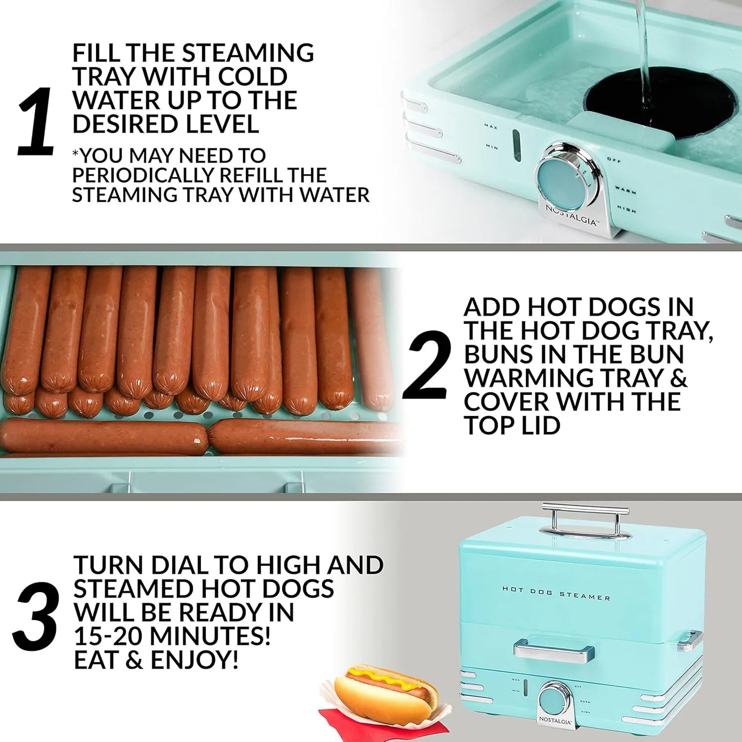 Vaporizador Extragrande 20 Salchichas Y 6 Bollos Aguamarina Cocina Rápida Y Fácil