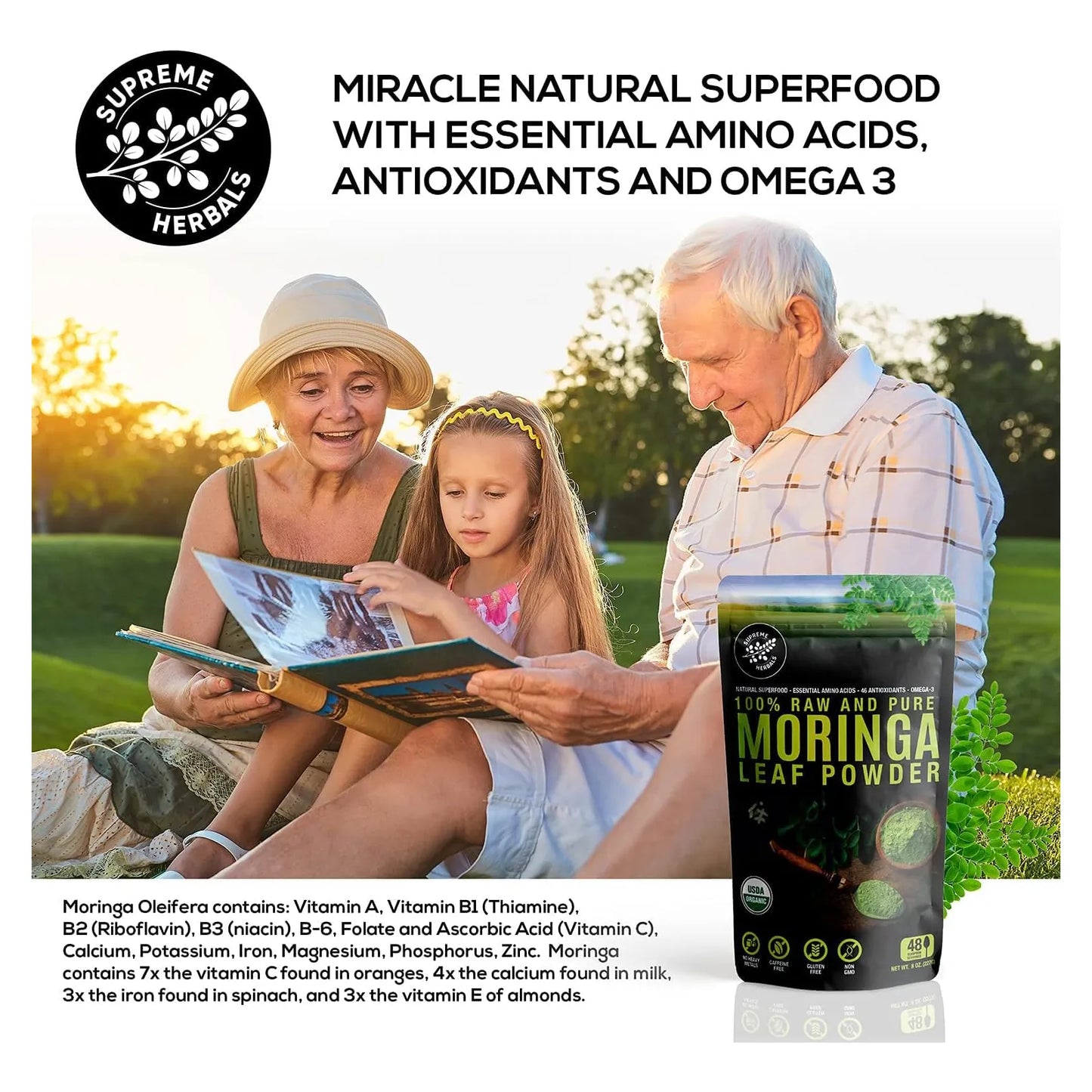Polvo De Hoja De Moringa Cruda Orgánica Superalimento Natural Con Aminoácidos Y Omega 3