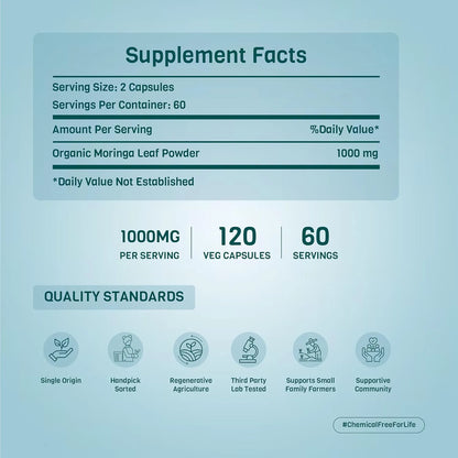 Cápsulas Orgánicas De Moringa Oleifera 1000 Mg Apoyo Inmunológico Vegano Sin Gluten
