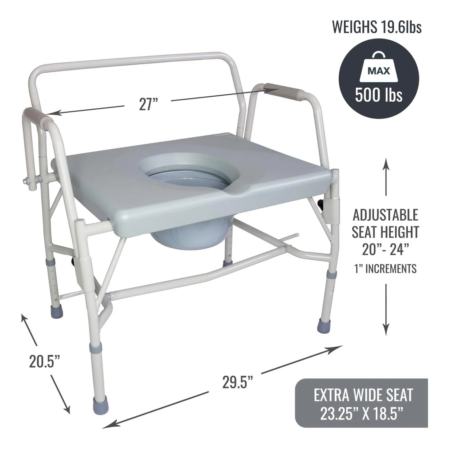 Inodoro Portátil Con Brazos Caídos Asiento Ancho Capacidad 500 Lbs Ideal Para Adultos Mayores