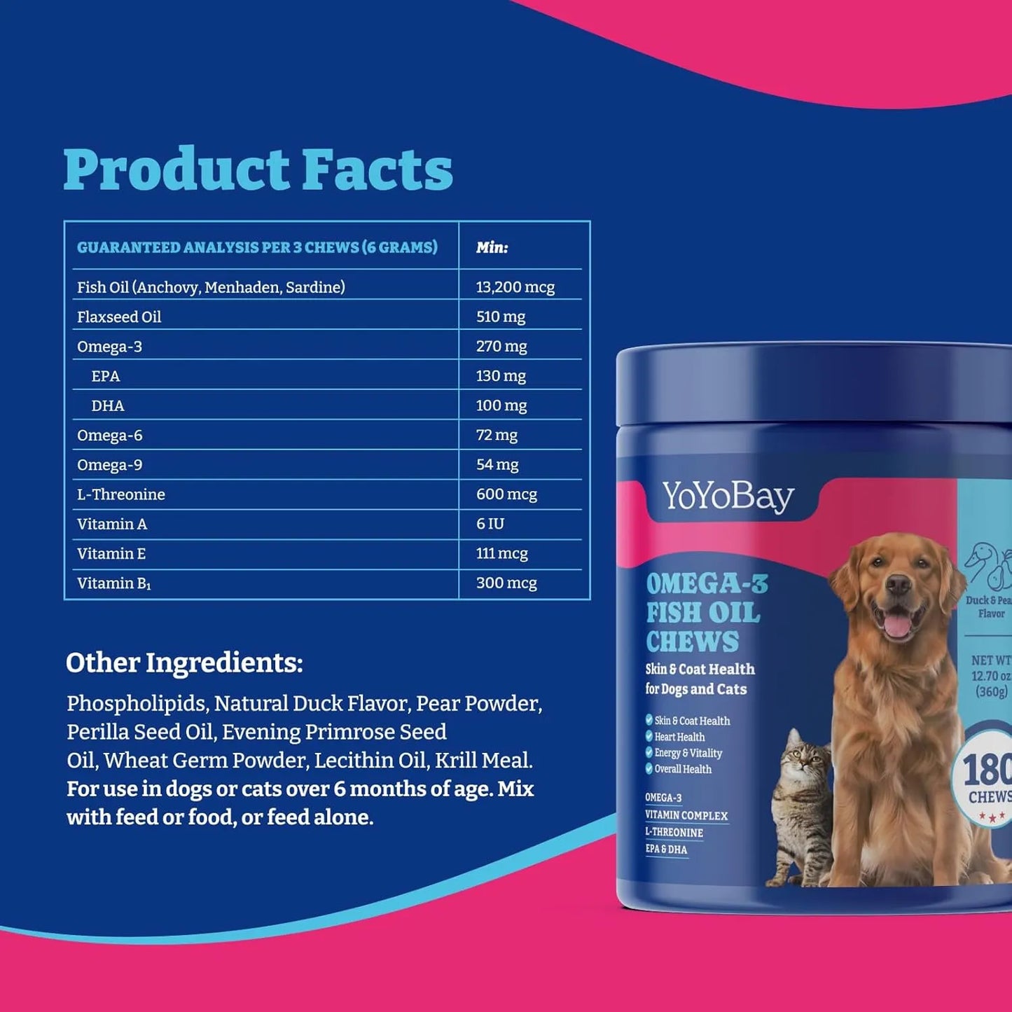 Masticables Aceite Pescado Omega 3 Perros Gatos Sabor Pato Pera 180 Unidades