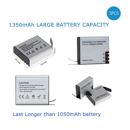Batería Recargable 1350 mAh X3 Para Cámara Acción Con Cargador Dual USB