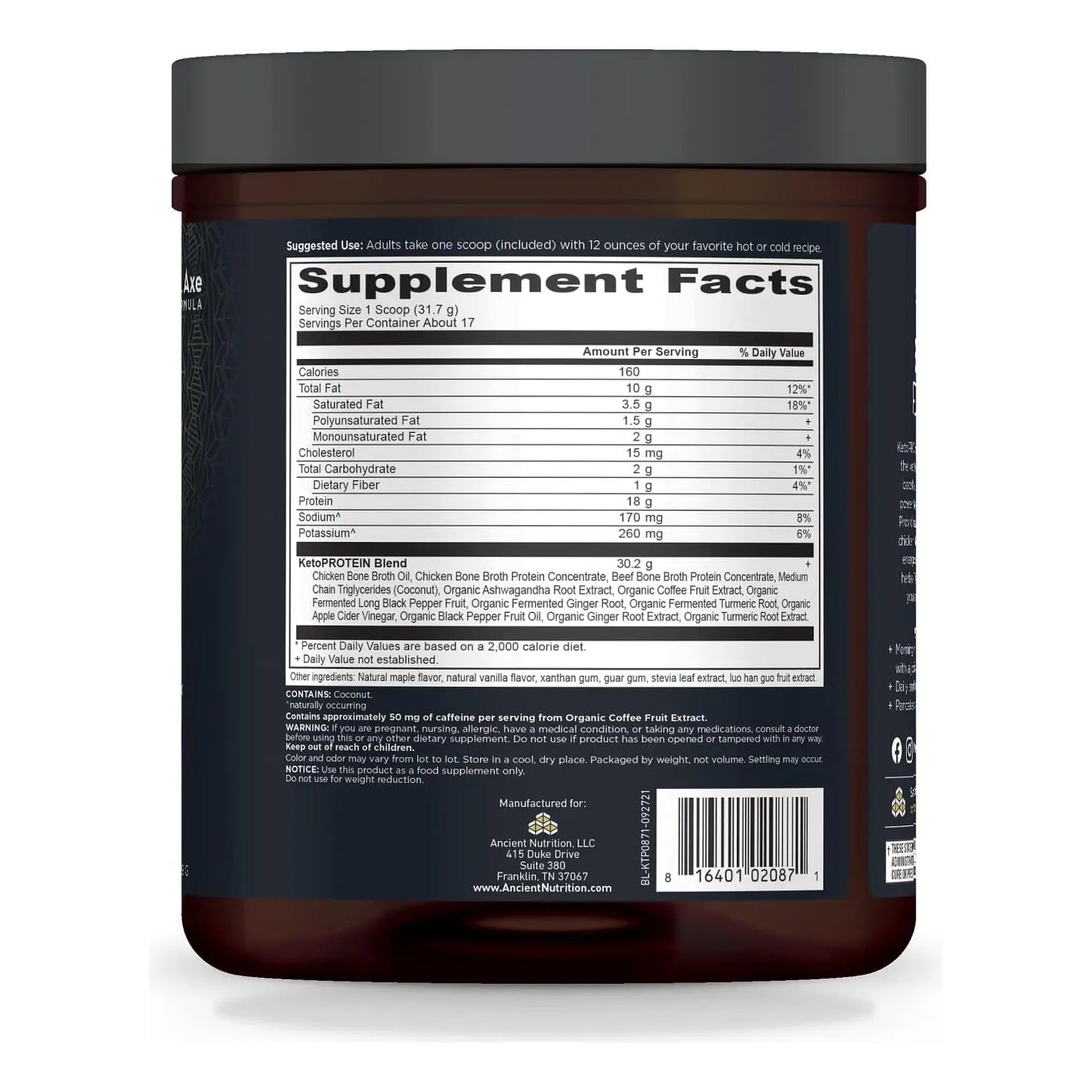 Proteínas Keto Vainilla Ancient Nutrition 450g Polvo Cetogénico Energía Y Cetosis
