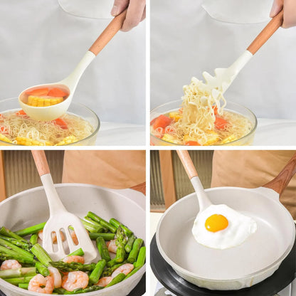 Juego De Utensilios Cocina 6 Piezas Silicona Antiadherente Mangos Madera Iocbyhz