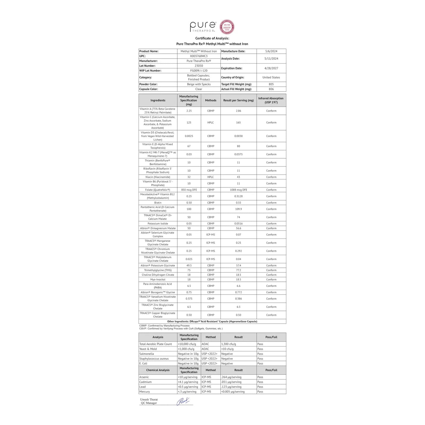 Multivitaminico Metilado Sin Hierro 60 Dias Metil B12 5 MTHF Apoyo MTHFR