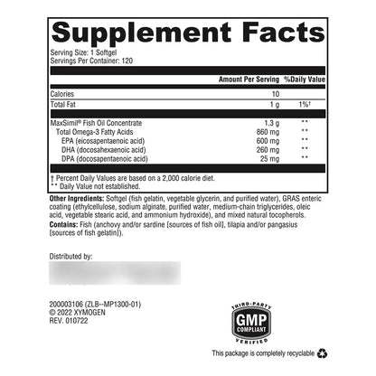 Xymogen Omega Monopure 1300 Ec Aceite Pescado Alta Absorcion Dha Epa 120 Capsulas