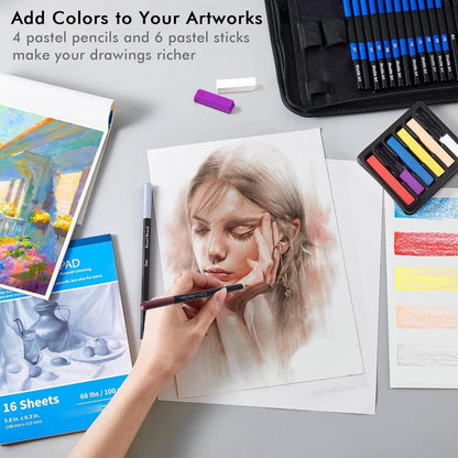 Kit De Lapices De Dibujo Profesional 52 Piezas Estuche Portatil Con Accesorios