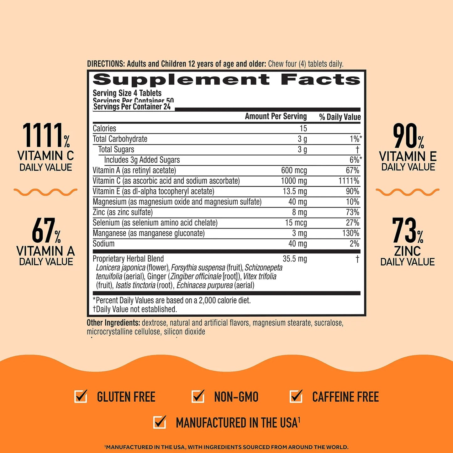 Tabletas Masticables Zinc 1000 Mg Con Vitaminas A C E Antioxidantes 200 Unidades Sabor Cítrico