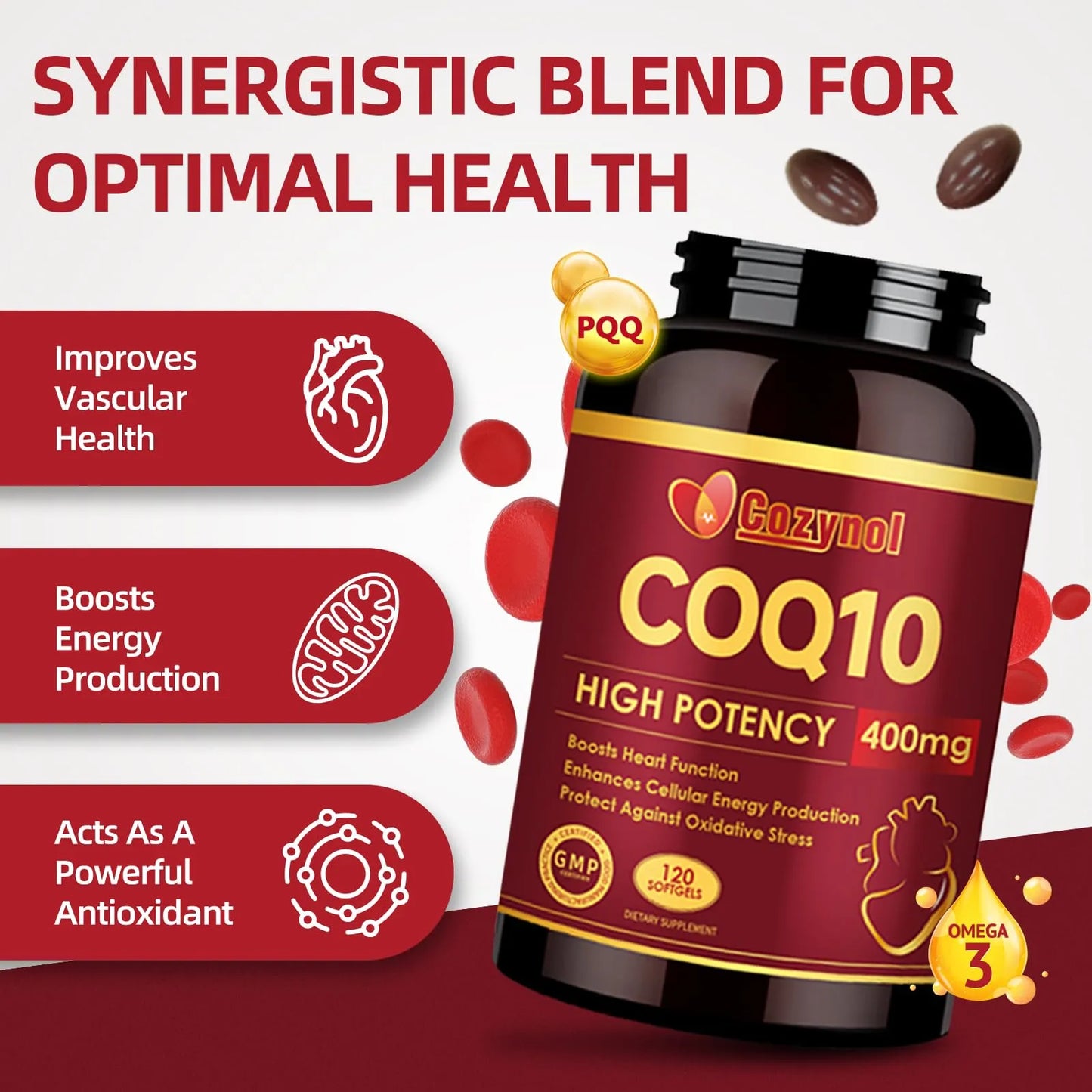Cápsulas Blandas CoQ10 400mg Con PQQ Y Omega 3 Antioxidante Para Energía Y Salud Cardiovascular 120 Unidades
