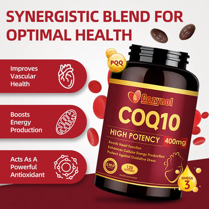 Cápsulas Blandas CoQ10 400mg Con PQQ Y Omega 3 Antioxidante Para Energía Y Salud Cardiovascular 120 Unidades