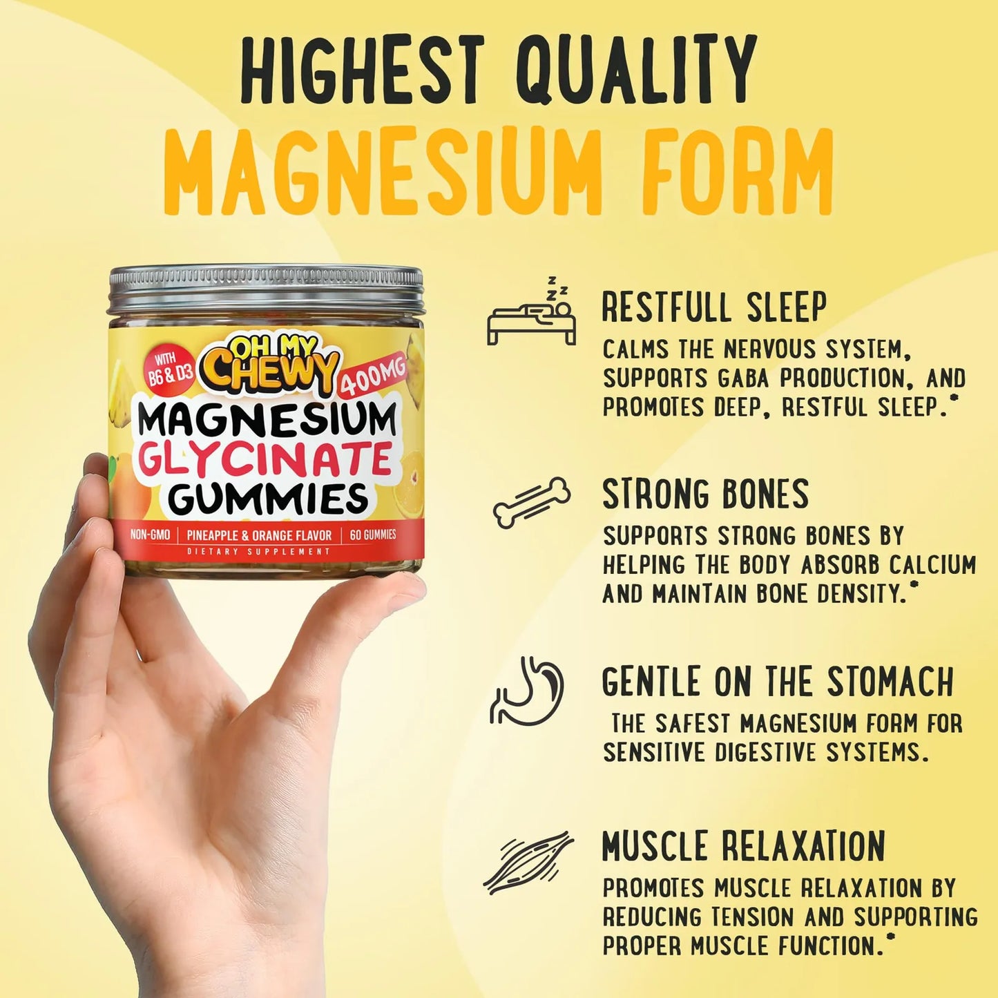 Gomitas De Glicinato De Magnesio 400 Mg Sabor Frutal Relajación Muscular Y Sueño