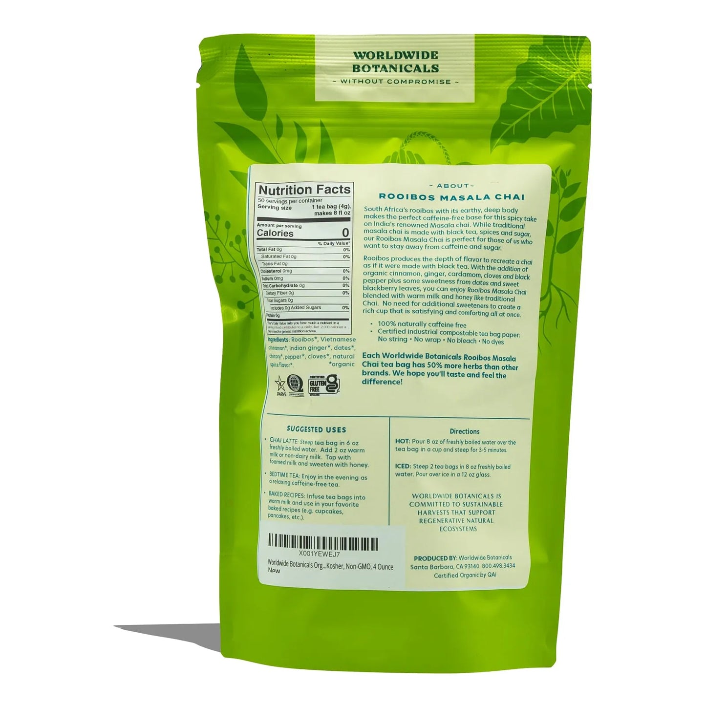 Té Orgánico Rooibos Masala Chai 50 Bolsas Sin Cafeína Digestivo Antioxidante