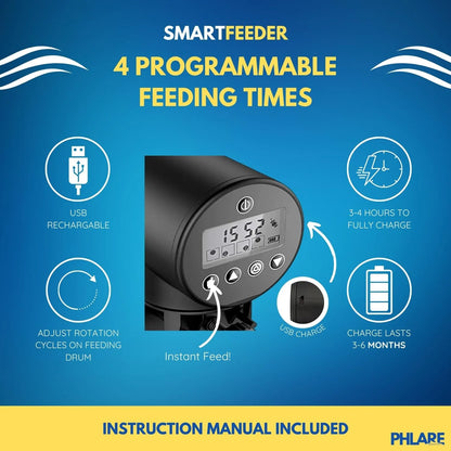 Alimentador Automático Recargable Para Peces 6.8 Fl Oz Programable Y Silencioso