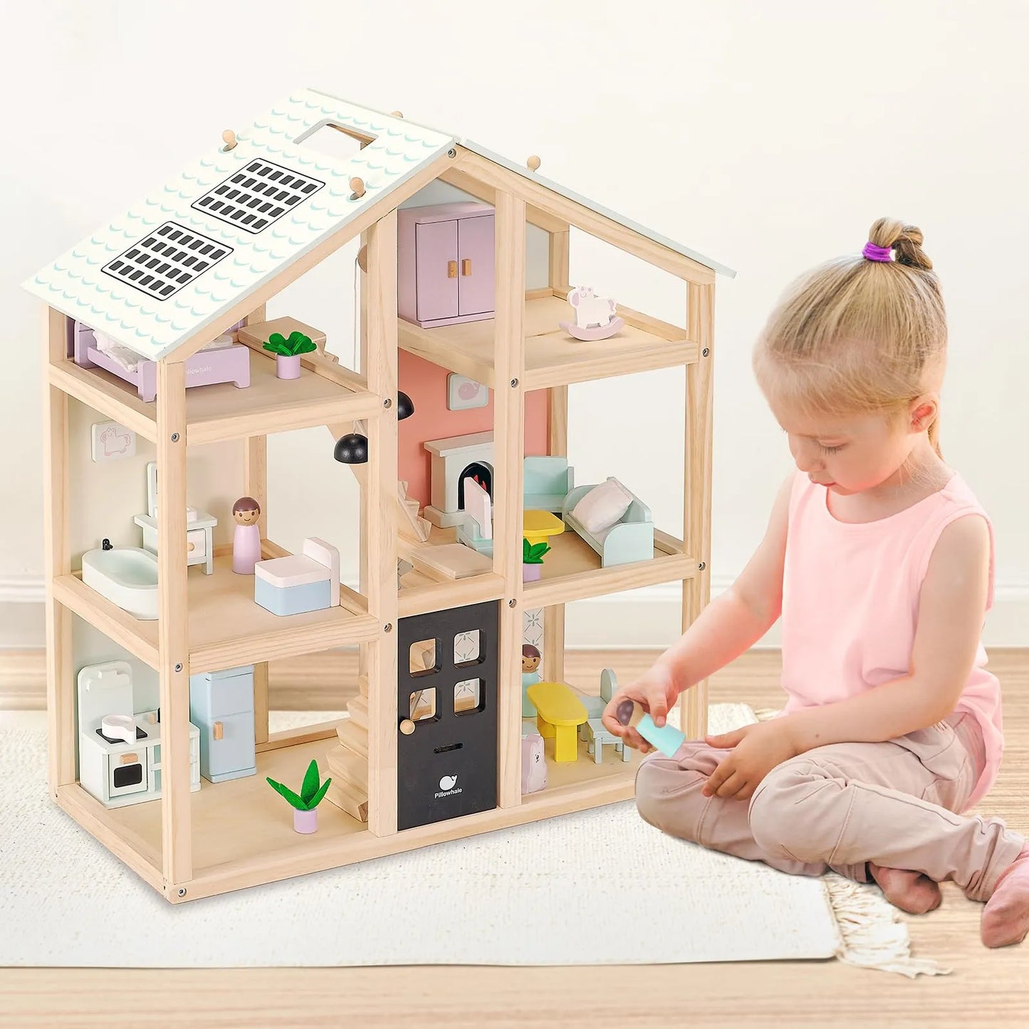 Casa De Muñecas Grande De Madera Con 38 Accesorios Muebles 3 Pisos Juguete Educativo