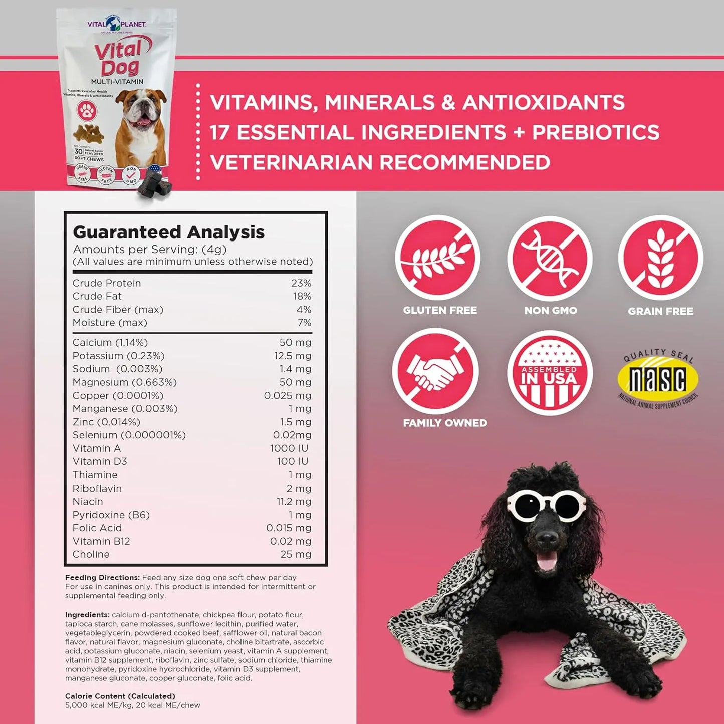 Multivitaminico Vital Dog Masticables Suaves Sabor Tocino 30 Unidades Salud Canina