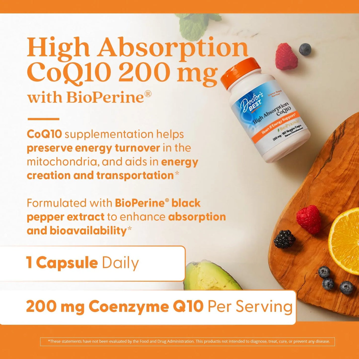 CoQ10 Alta Absorción 200 Mg Con BioPerine Energía Cardíaca Y Celular
