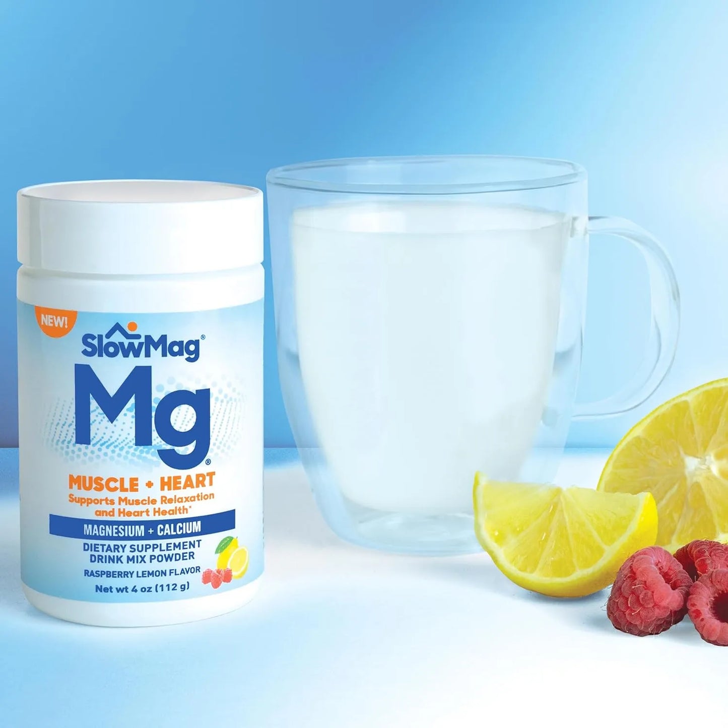 SlowMag Magnesio En Polvo Sabor Frambuesa Limon 4 Onzas Relajacion Muscular Y Corazon