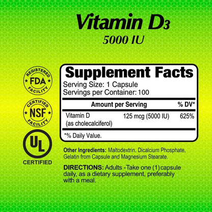 Vitamina D3 5000 UI Refuerzo Inmunológico Y Salud Ósea 100 Cápsulas