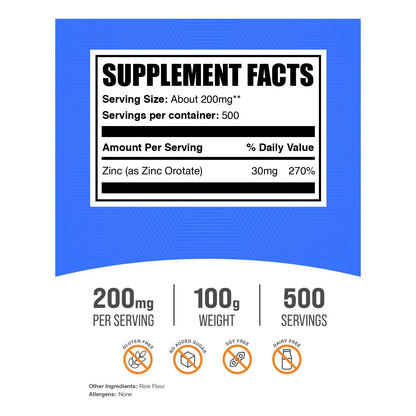 Polvo De Orotato De Zinc 200 Mg Apoyo Inmunológico Sin Gluten 100 G
