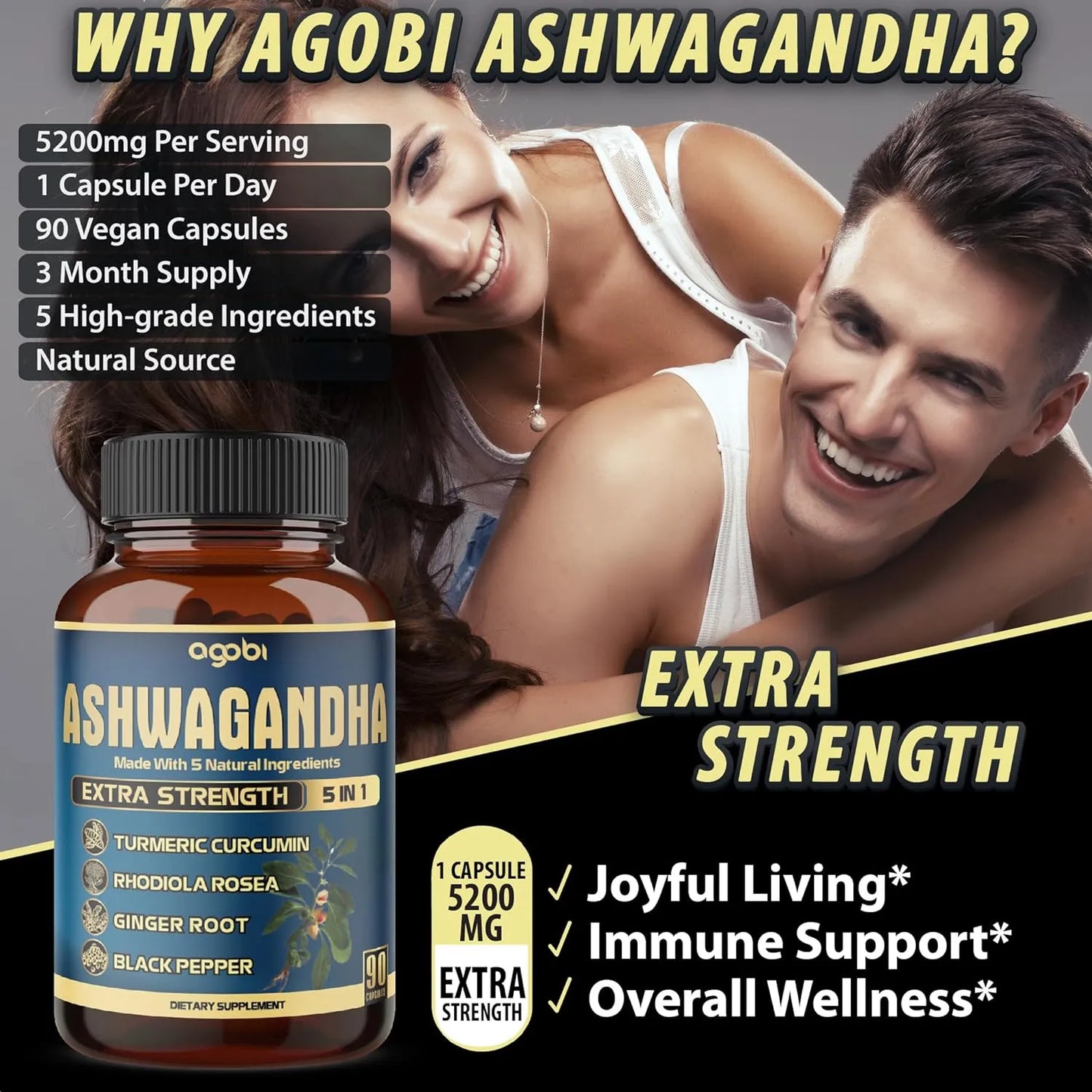 Ashwagandha 5200 Mg Con Jengibre Curcumina Rhodiola Rosea 90 Capsulas Vegano