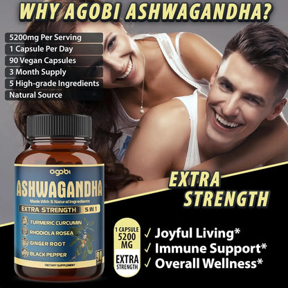 Ashwagandha 5200 Mg Con Jengibre Curcumina Rhodiola Rosea 90 Capsulas Vegano