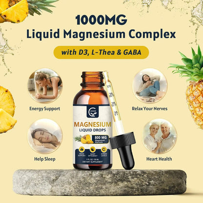 Gotas De Glicinato De Magnesio 1000 Mg Con D3 Y L-Theanina Sabor Piña