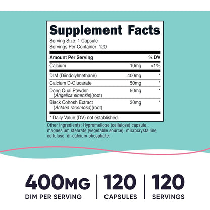 Suplemento DIM 400 Mg Con Dong Quai Y Cohosh Negro 120 Cápsulas Vegano