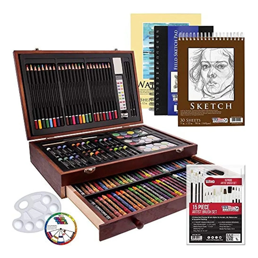 Set De Arte 162 Piezas Mega Caja Madera US Art Ideal Para Principiantes Y Profesionales