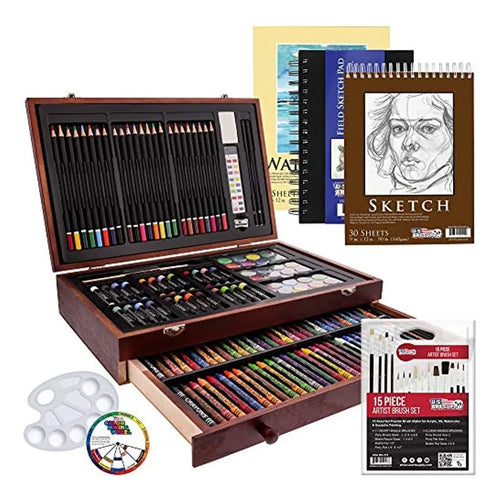 Set De Arte 162 Piezas Mega Caja Madera US Art Ideal Para Principiantes Y Profesionales