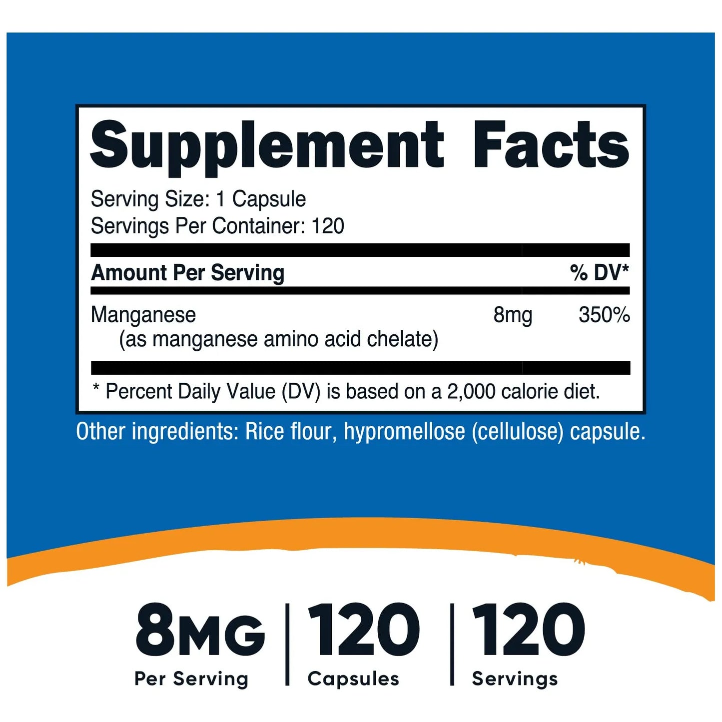 Suplemento De Manganeso Quelado 8 Mg 120 Capsulas Sin Gluten Y Apto Vegetarianos