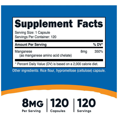 Suplemento De Manganeso Quelado 8 Mg 120 Capsulas Sin Gluten Y Apto Vegetarianos