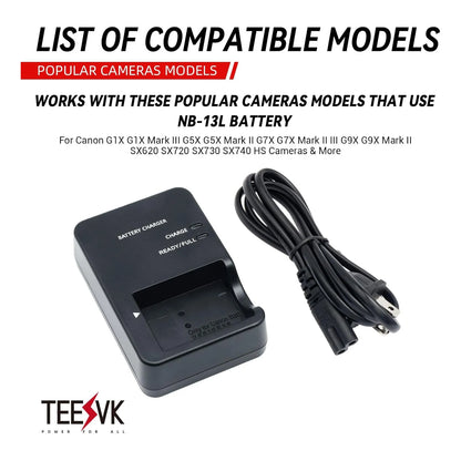 Cargador Rápido CB-2LH Para Batería NB-13L Canon G1X G5X Carga Segura Y Eficiente