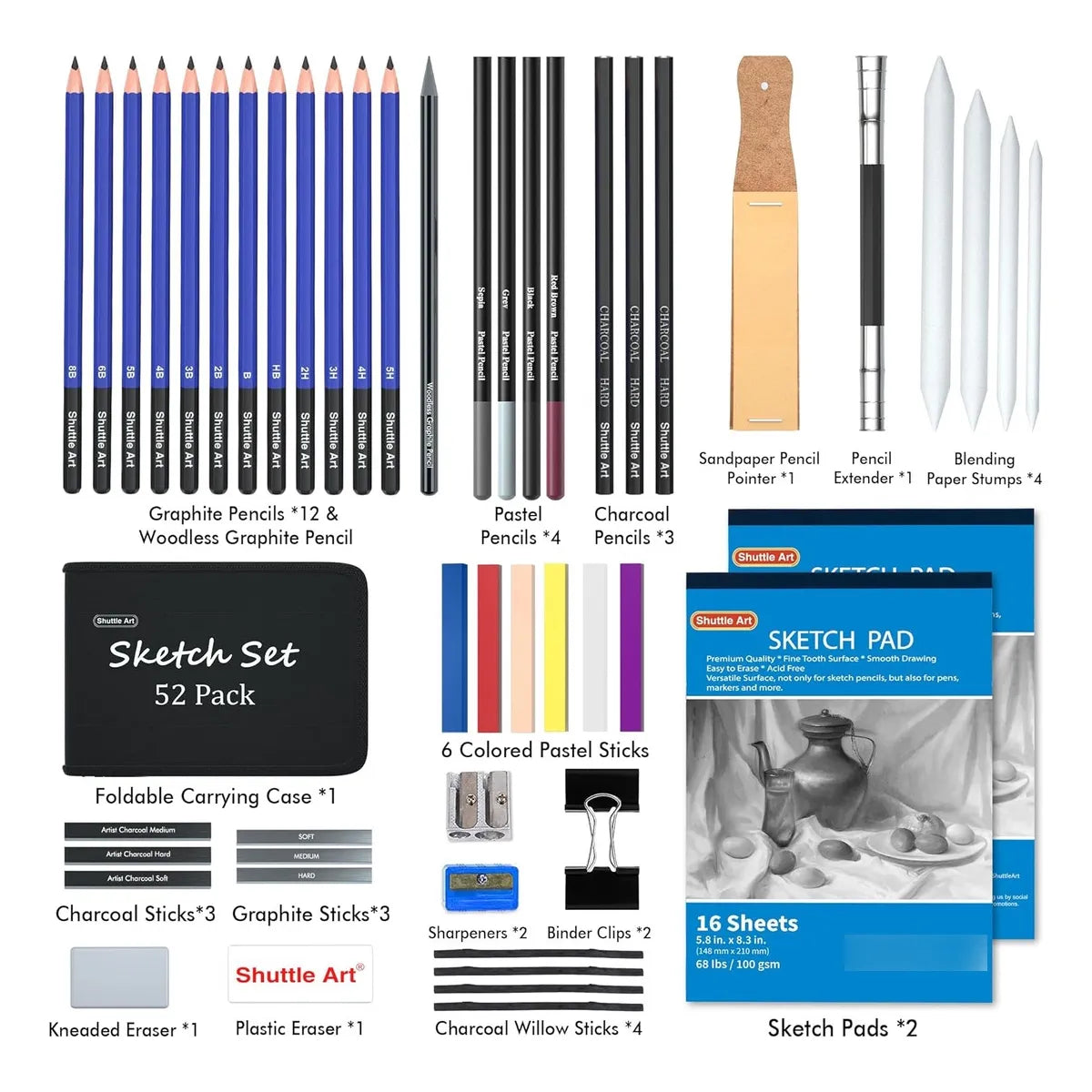 Kit De Lapices De Dibujo Profesional 52 Piezas Estuche Portatil Con Accesorios