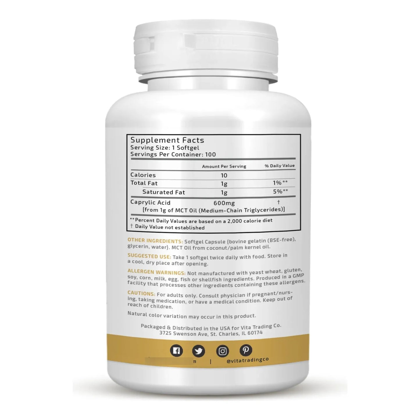 Cápsulas Aceite MCT C8 Natural De Coco 100 Unidades Energía Sostenida Keto