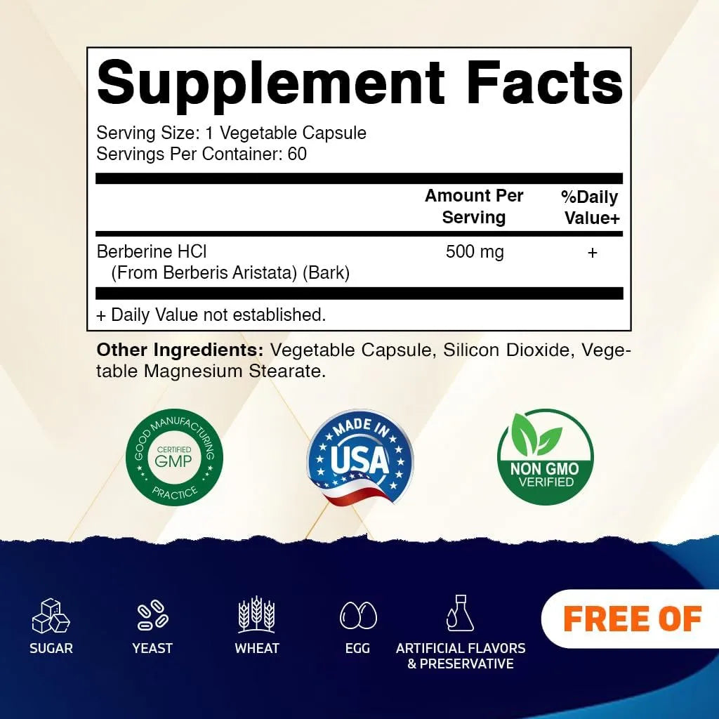 Berberina 500 Mg 60 Capsulas Vegetales Sin Gluten Ni OMG 2 Botellas