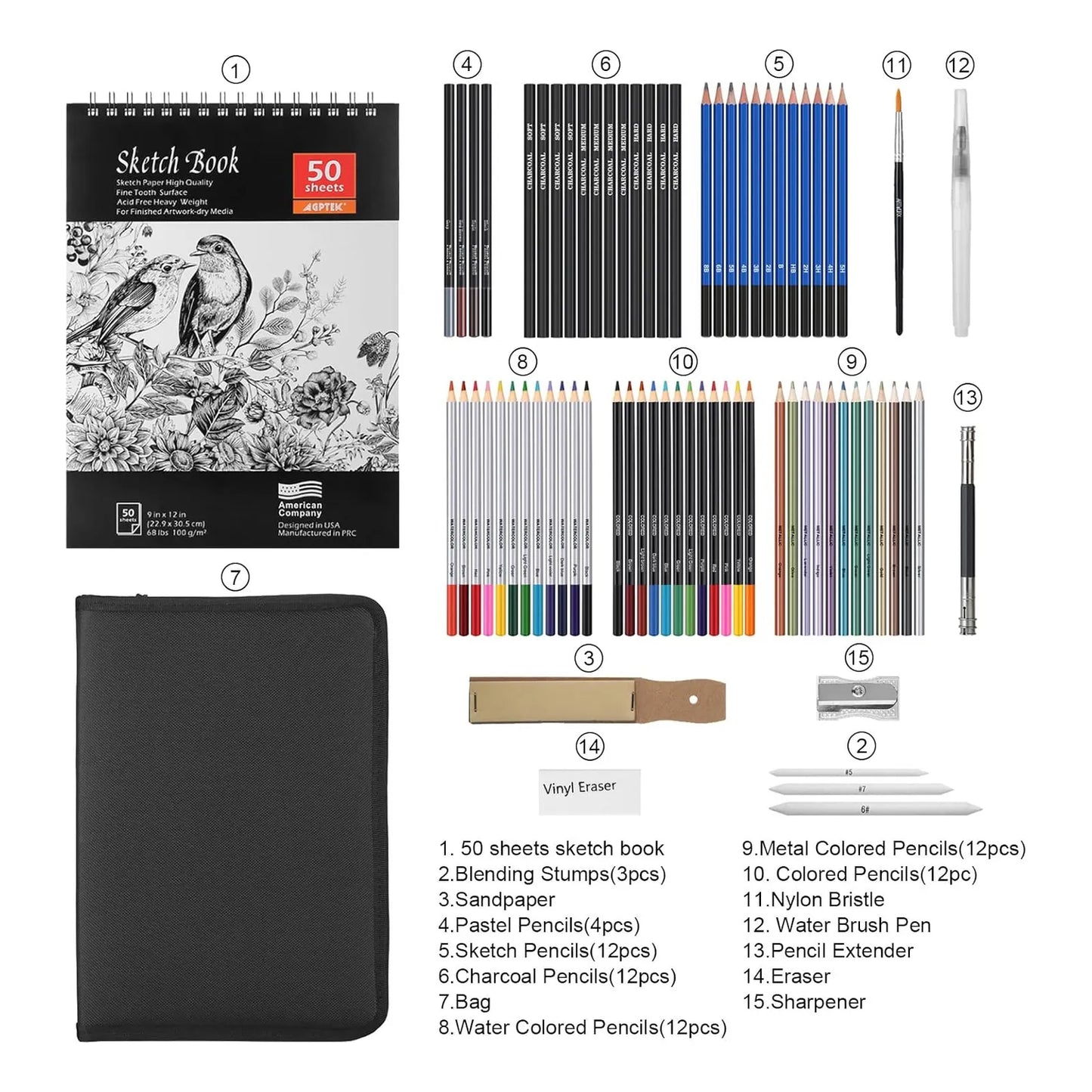 Juego De Lapices De Dibujo 75 Piezas Arte Bocetos Colores Agua Carbón