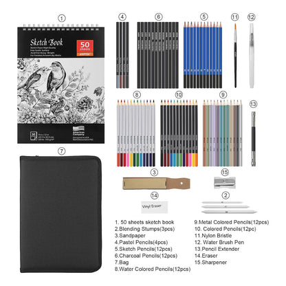 Juego De Lapices De Dibujo 75 Piezas Arte Bocetos Colores Agua Carbón