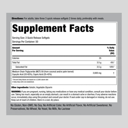 Cápsulas De Aceite MCT 3600 Mg 150 Unidades Suplemento Cetogénico Sin Gluten