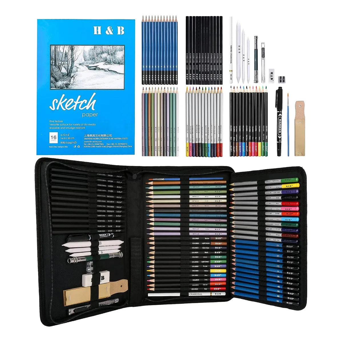 Kit Profesional De Lapices De Dibujo H&B 72 Piezas Incluye Acuarela Carbon Y Boceto