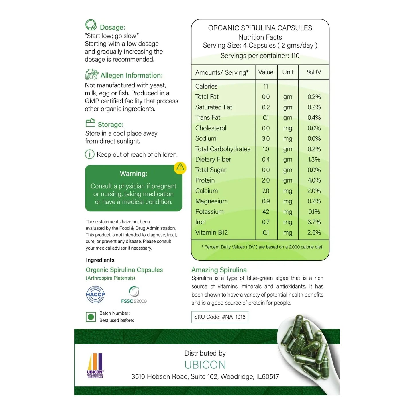 Cápsulas De Espirulina Orgánica USDA 720 Unidades 100 Pura Vegano Sin Gluten