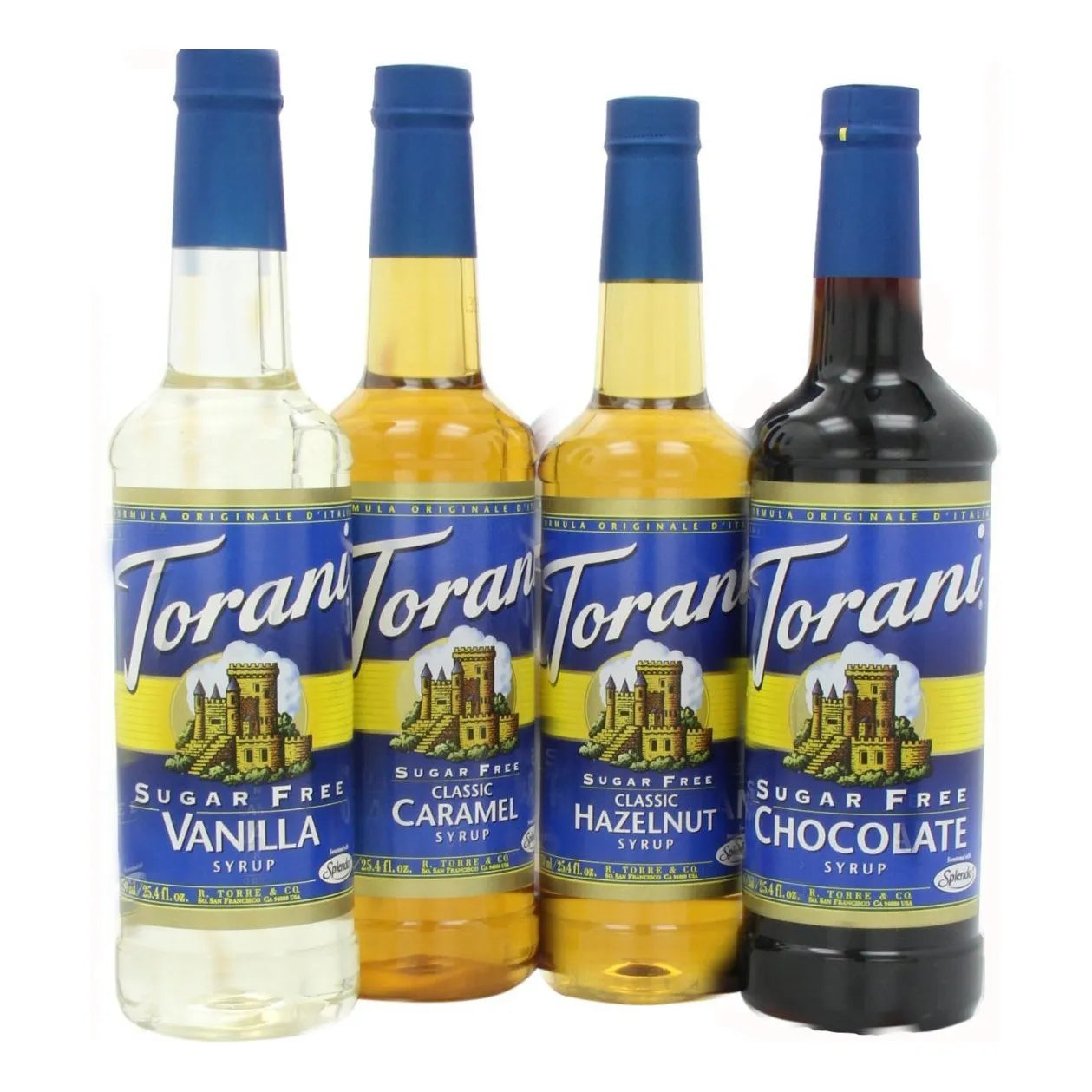 Paquete 4 Jarabes Sin Azúcar Torani Vainilla Caramelo Avellana Chocolate 25.4 Oz