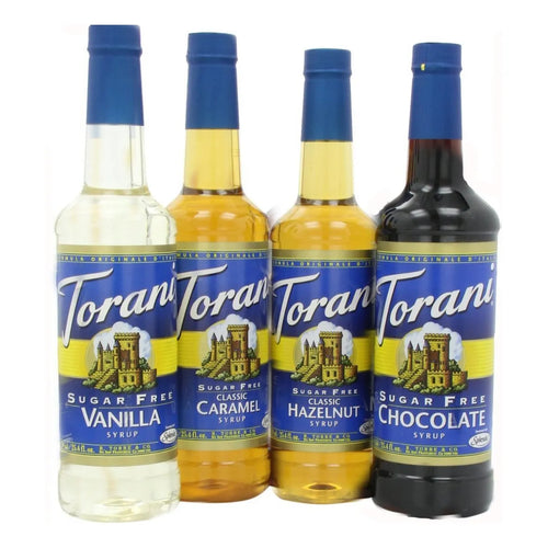Paquete 4 Jarabes Sin Azúcar Torani Vainilla Caramelo Avellana Chocolate 25.4 Oz