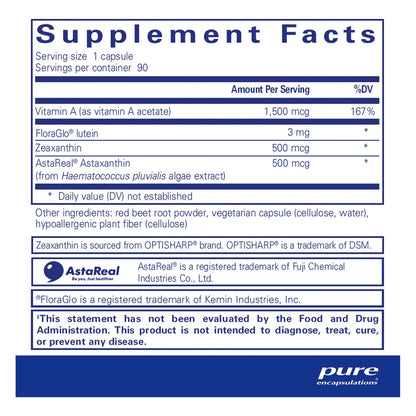 Pure Encapsulations Vitamina A + Carotenoides Luteína Zeaxantina Astaxantina Suplemento Hipoalergénico 90 Cápsulas