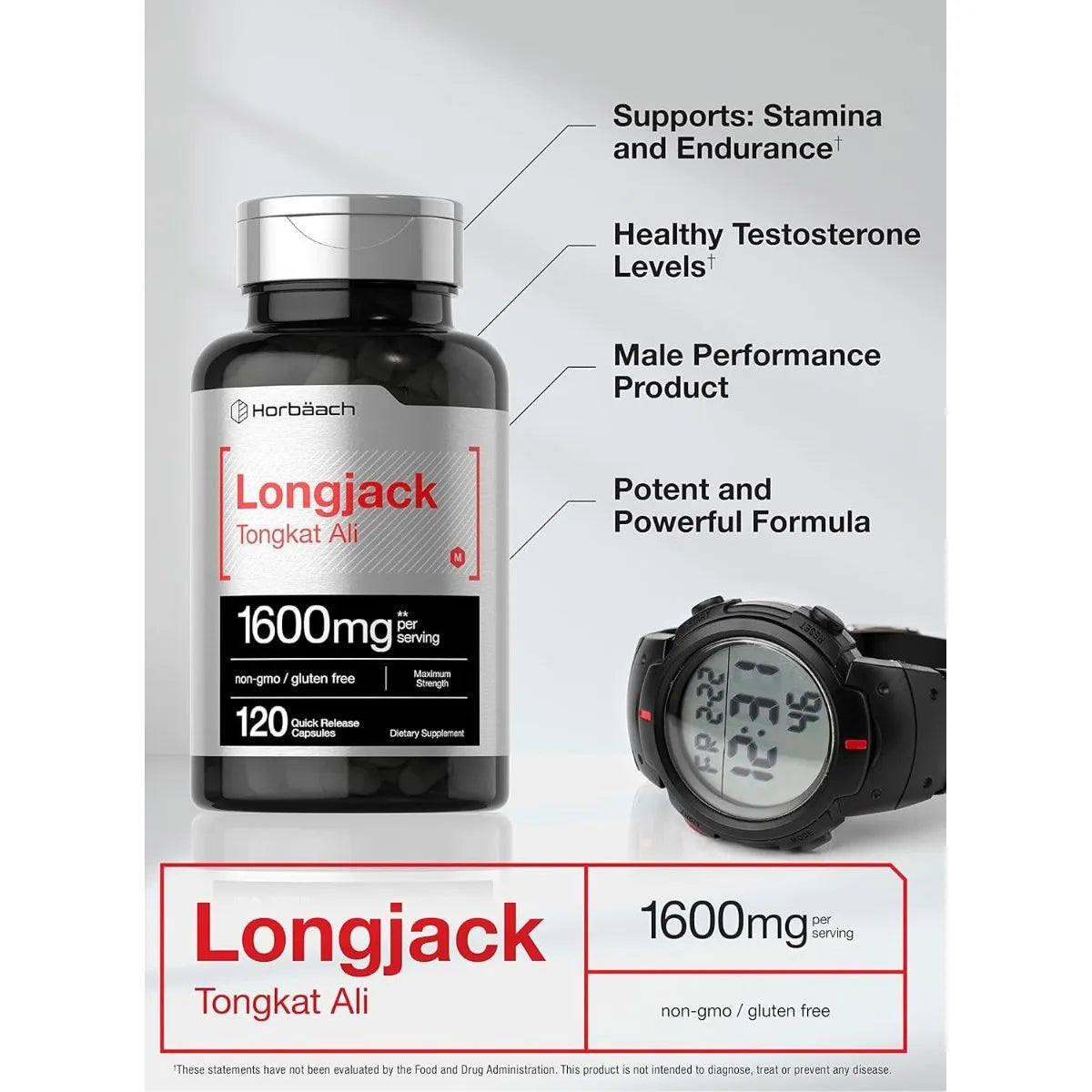 Horbäach Longjack Tongkat Ali 1600mg 120 Cápsulas Aumenta Energía - Imagen 7