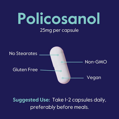 Policosanol 25mg 180 Cápsulas Veganas Mejora Salud Cardíaca Y Colesterol