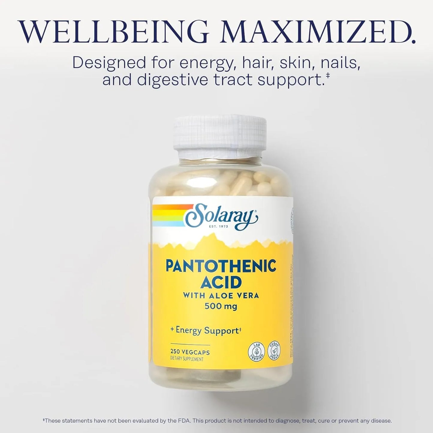 Ácido Pantoténico 500 Mg Solaray Vitamina B5 Energía Piel Cabello Uñas Vegano