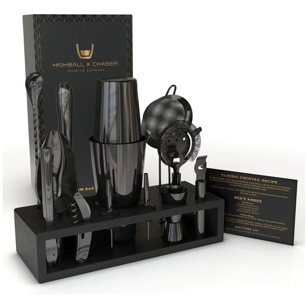 Kit De Cocteleria Bartender Profesional 13 Piezas Highball Con Soporte Bambú