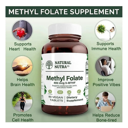 Metilfolato Cuatrefólico L 5 MTHF Vitamina B9 90 Tabletas Veganas Salud Cerebral Y Cardiovascular