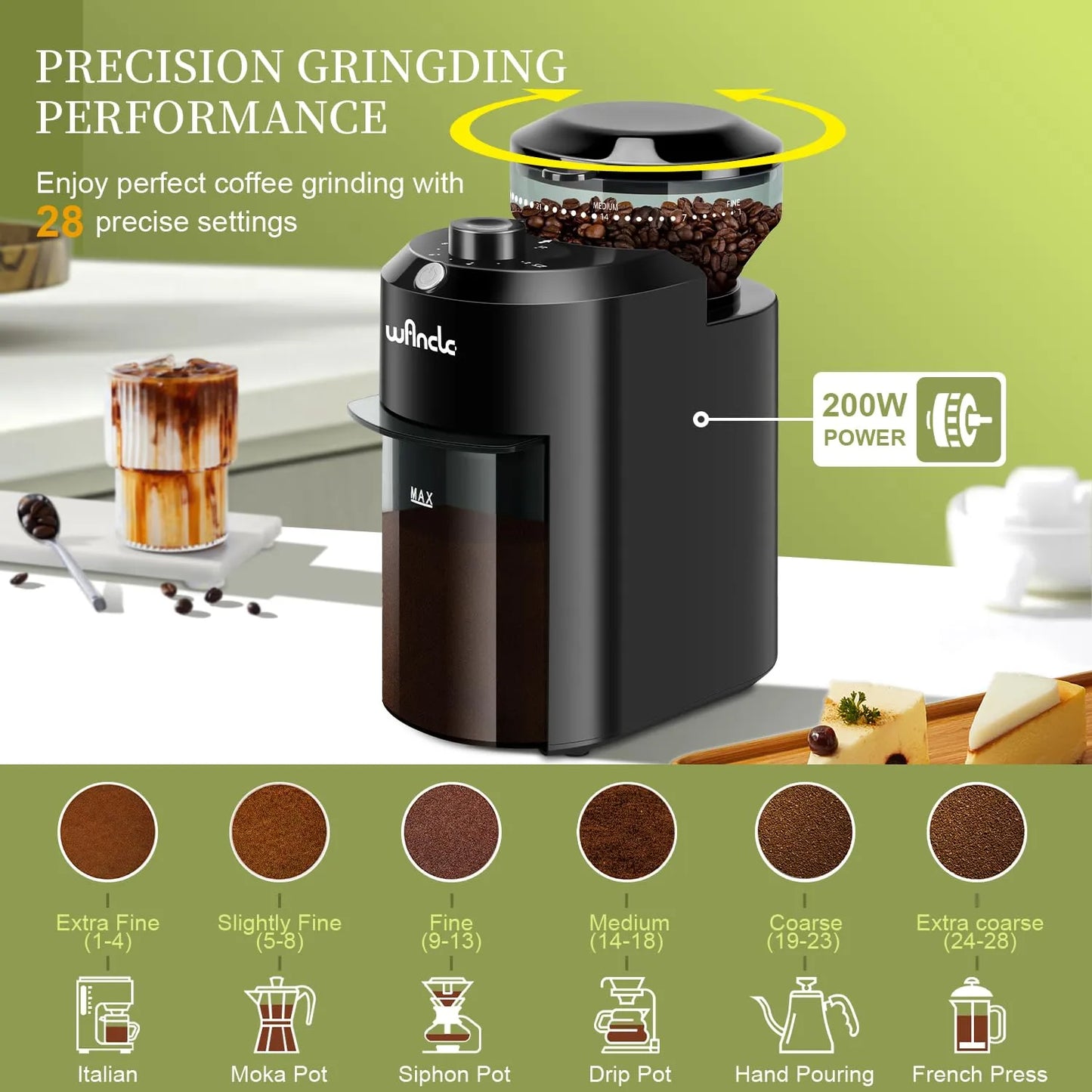Molinillo Electrico De Cafe Ajustable 28 Niveles Molienda 12 Tazas Negro