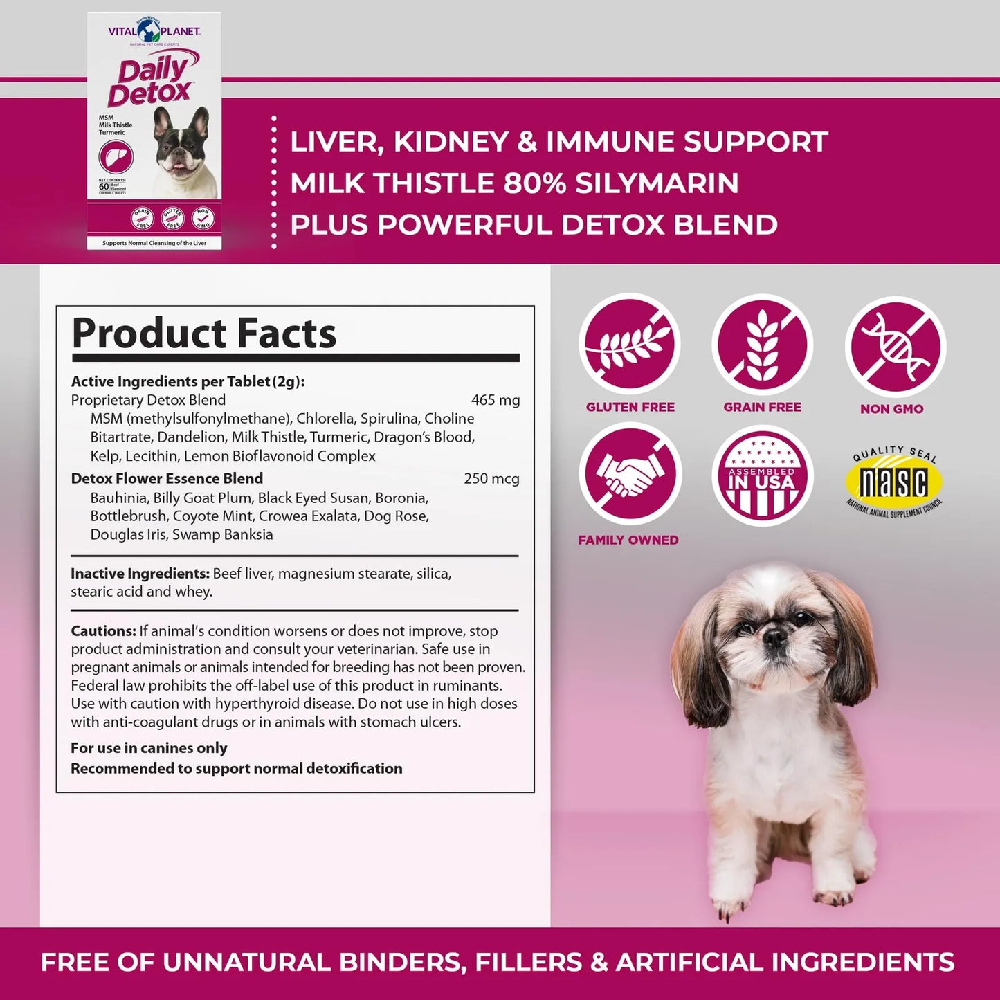 Desintoxicación Diaria Para Perros Con MSM Cardo Mariano Y Espirulina 60 Tabletas Masticables